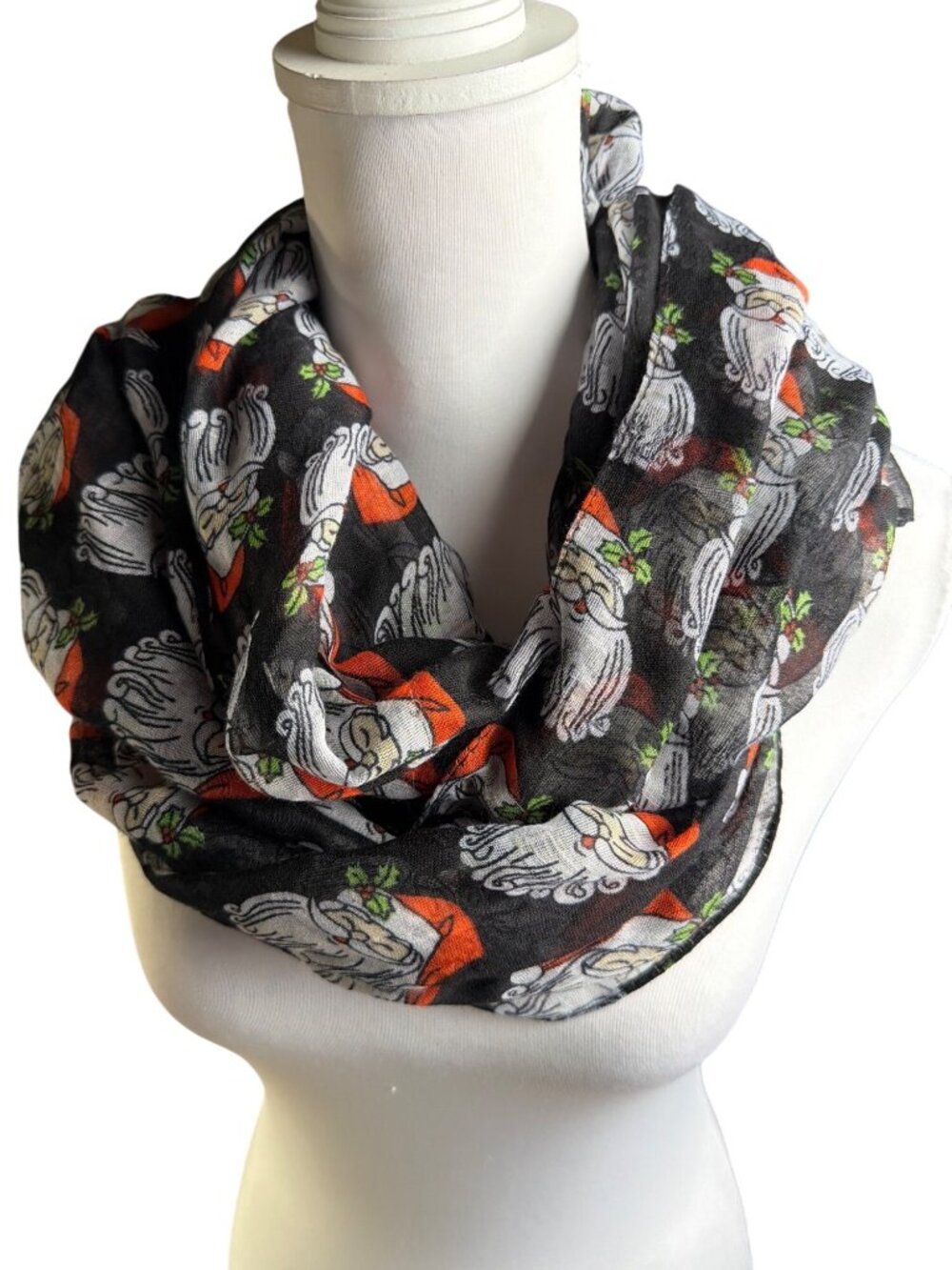Santa Claus Christmas Print Black Scarf Polyester Cotton Blend Lightweight